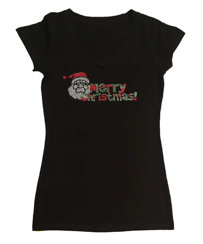 Womens T-shirt with Merry Christmas Santa in Rhinestones Asymmetrical Pockets Print