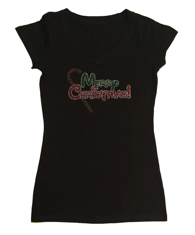 Womens T-shirt with Merry Christmas with Candy Cane in Rhinestones Fitted T-Shirt Seamless Stretchy