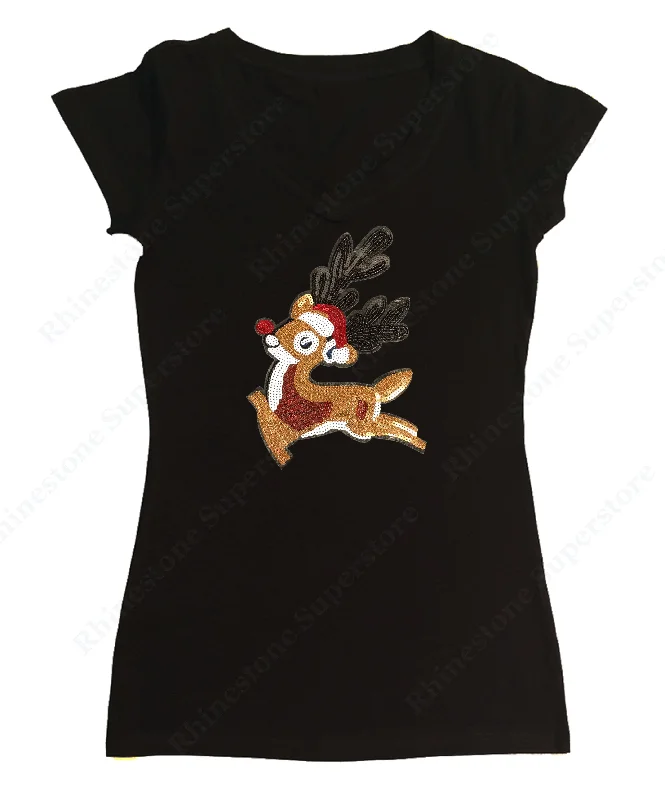 Womens T-shirt with Rudolph The Red Nose Reindeer in Sequence Front Pockets Side Pockets Patch Pockets