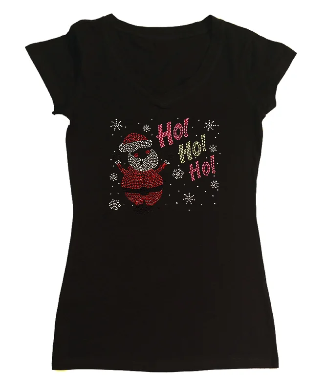 Womens T-shirt with Santa with Ho Ho Ho in Rhinestones Collared Crew Neck Turtle Neck