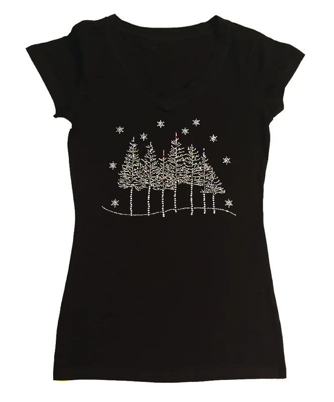 Womens T-shirt with Tree Line Scene with Snowflakes in Rhinestones Polka Dot Checkered Tartan