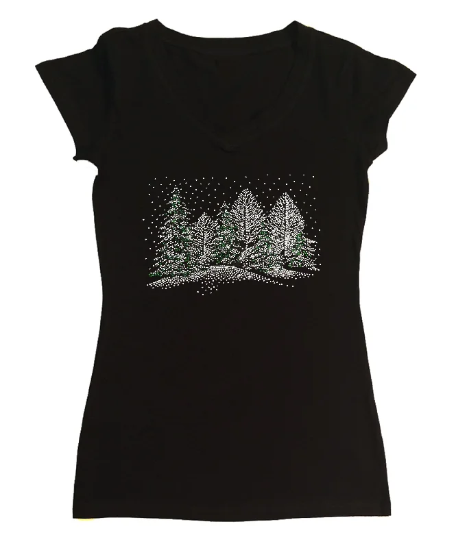 Womens T-shirt with Winter Scene with Snow and Christmas Trees in Rhinestones Iron Safe Non-Iron Wrinkle Free