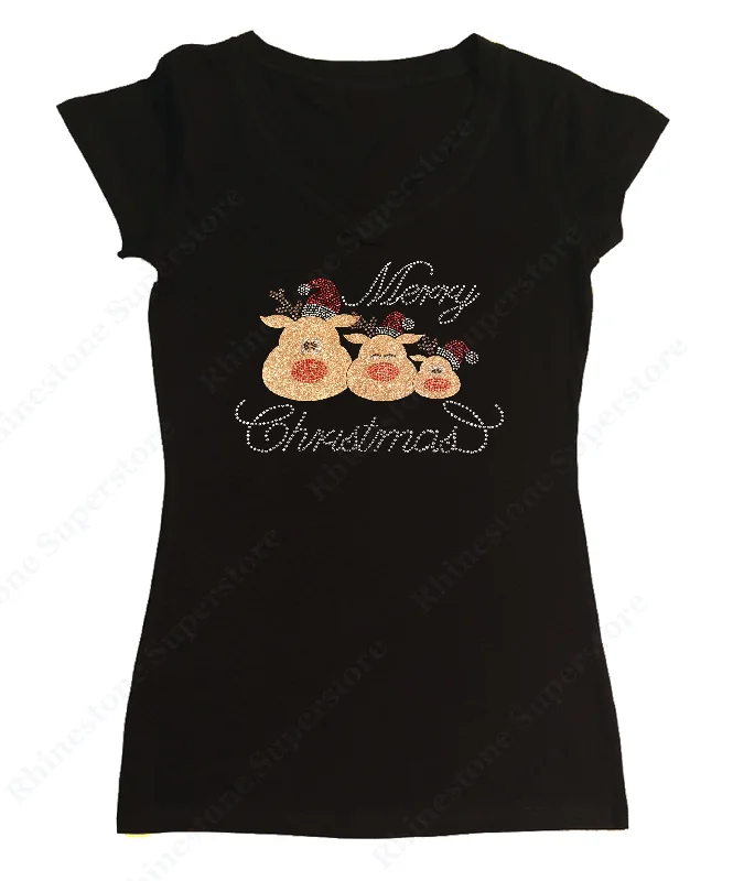 Womens T-shirt with Merry Christmas 3 Reindeer in Glitters and Rhinestones Lace Blend Ribbed Blend Corduroy Blend