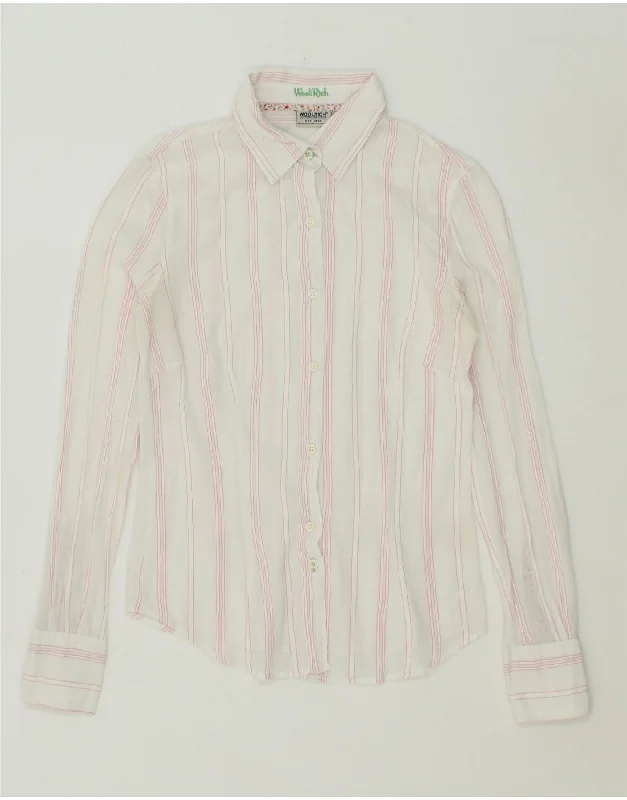 WOOLRICH Womens Shirt UK 12 Medium White Striped Zippered Front Buttoned Front Snap Front