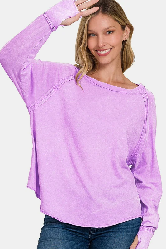 Zenana Round Neck Thumbhole Long Sleeve T-Shirt Satin Fabric Silk Fabric Chiffon Fabric