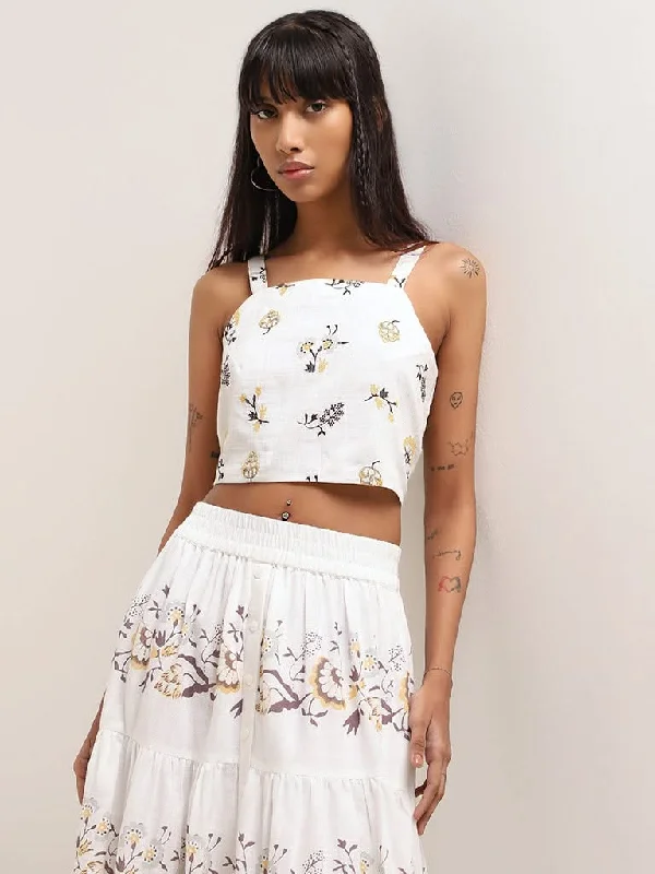 Bombay Paisley White Floral Embroidered Cotton Crop Top Notch Collar Peter Pan Collar Cowl Neck