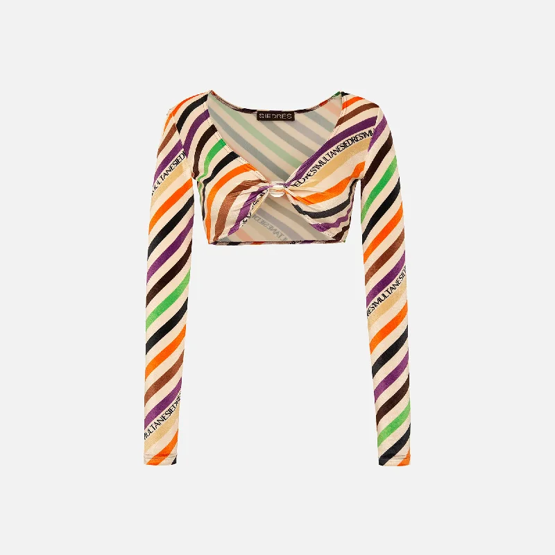 Siedres Logan Diagonal Striped Long Sleeve Crop Top - Multi Knit Fabric Woven Fabric Fleece Fabric