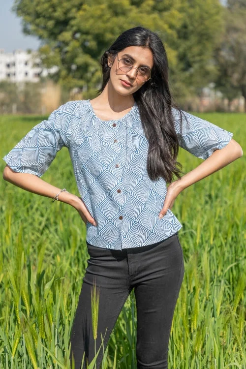 Sootisyahi 'Breezy Mint' Azofree Handblock Printed Pure Cotton Crop Top Anti-Shrink Durable Soft