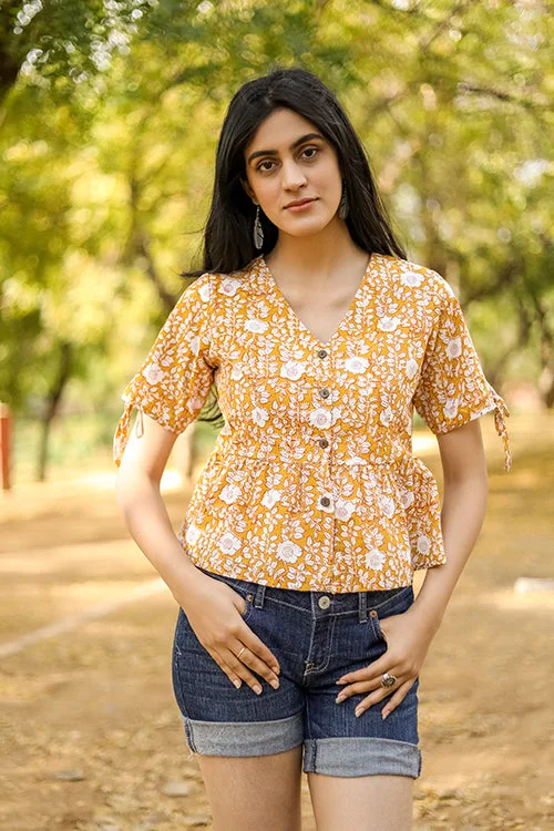 Sootisyahi 'Delighting Daffodils' Azofree Handblock Printed Pure Cotton Crop Top Elasticated Padded Insulated