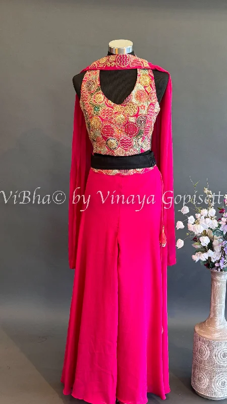 Pink Sharara With Embroidered Crop Top And Choker Dupatta Anti-Pilling Machine Wash Handmade