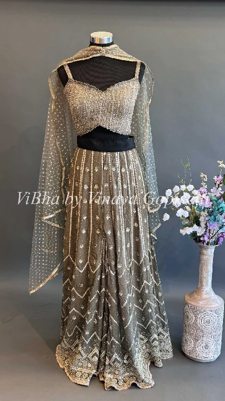 Olive color Sequins Embroidered Sharara with Crop Top and Choker Dupatta Collared Crop Top Boat Neck A-Line