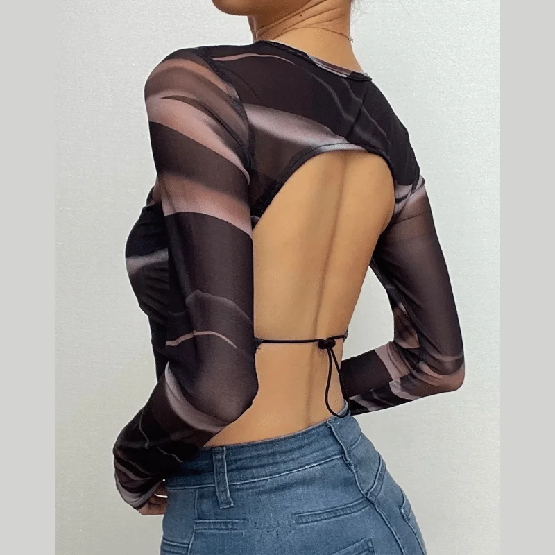 Sheer mesh contrast print long sleeve see through backless crop top Houndstooth Herringbone Solid