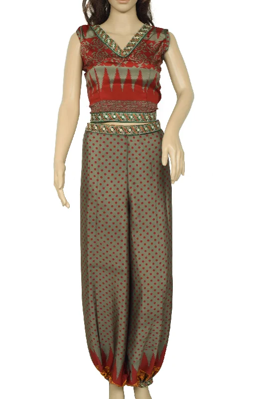 Sushila Vintage Blend Silk Sari upcycled Aladdin Pants & Crop Top Set Gray Striped Floral Plaid