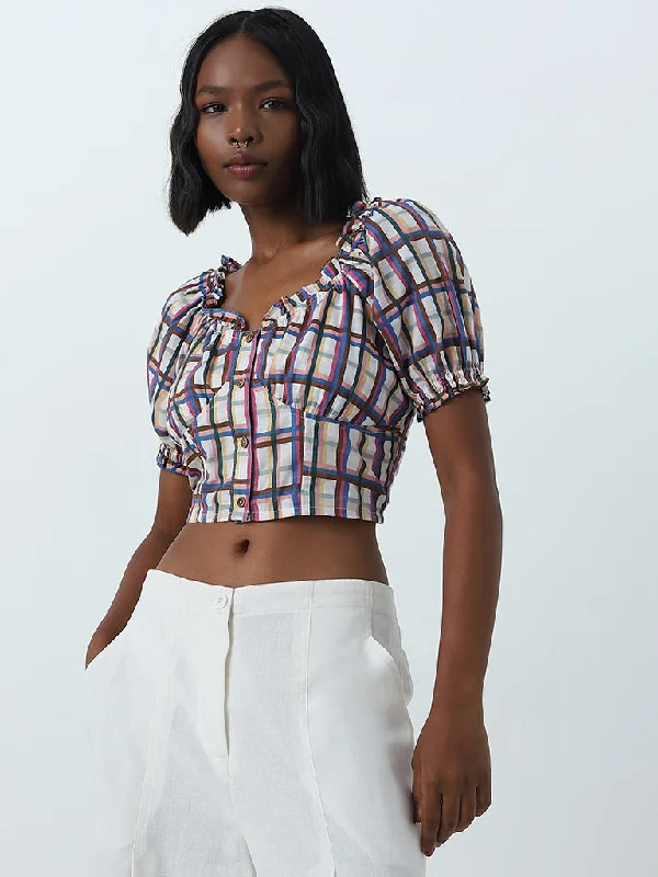 Bombay Paisley Multicolour Checks Printed Cotton Crop Top Spandex Blend Rayon Blend Denim Blend