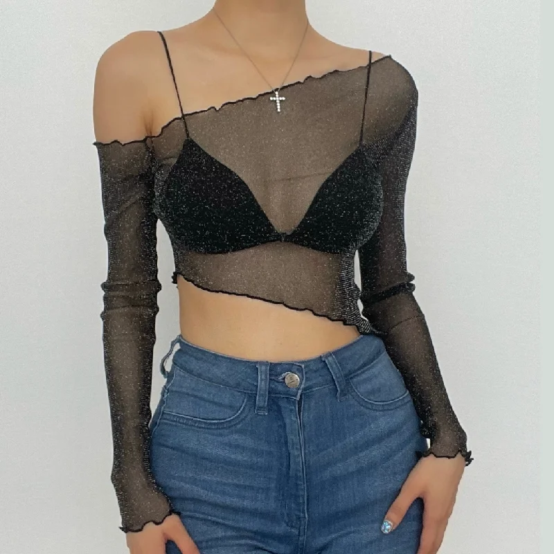 Long sleeve solid see through sheer mesh one shoulder ruffle crop top Satin Blend Silk Blend Wool Blend