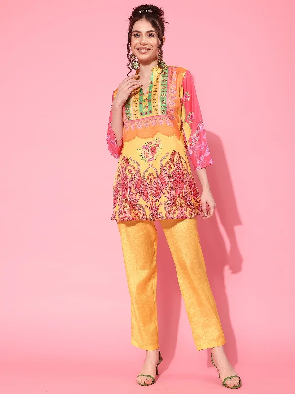 Women Printed Tunic With Trousers Co-Ords Trousers Lace Delicate