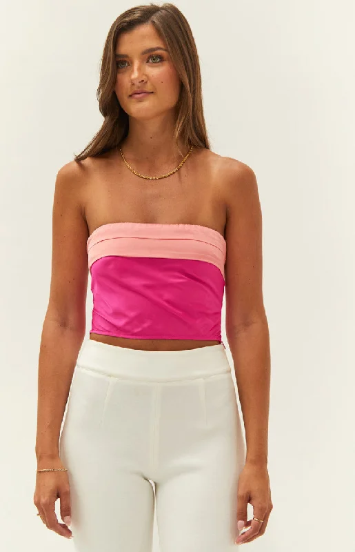 Milly Pink Satin Strapless Crop Top Mesh Fabric Canvas Fabric Denim Fabric