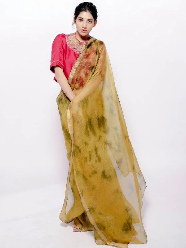 Olive Tie and Dye Saree with Crop Top Lace Blend Ribbed Blend Corduroy Blend