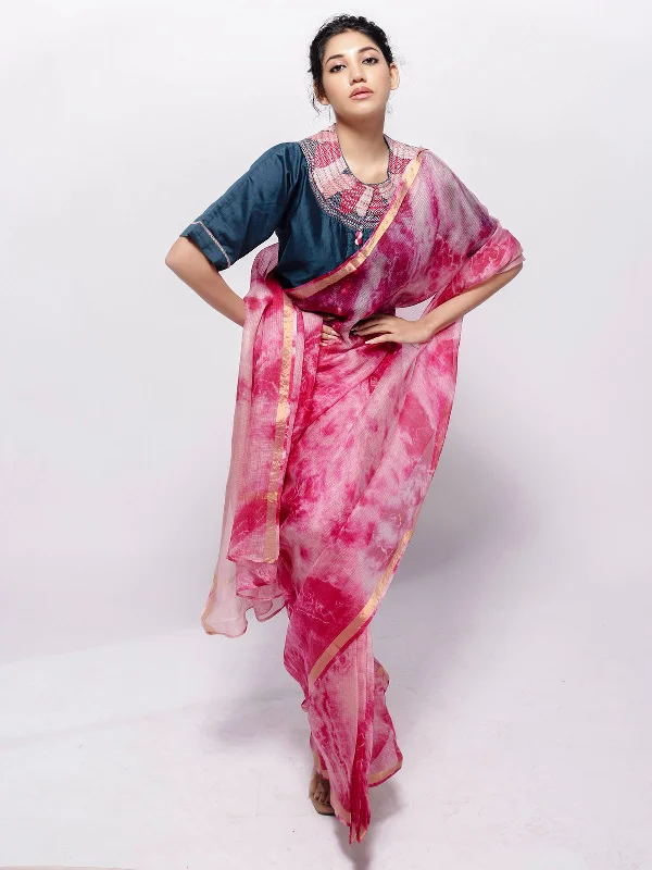 Rose Pink Tie and Dye Saree with Crop Top Houndstooth Herringbone Solid