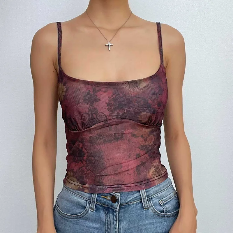 Sheer mesh see through contrast print square neck cami crop top Terry Blend Velvet Blend Canvas Blend