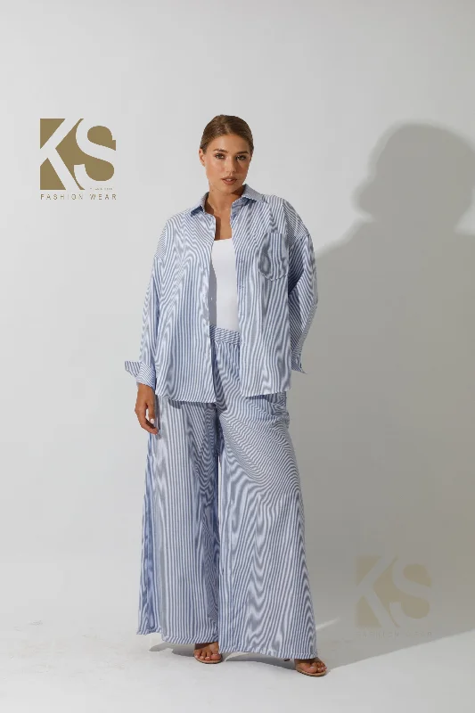 Co-Ord Wide Leg trousers & Lose Shirt Striped Trousers Seasonal Trendy