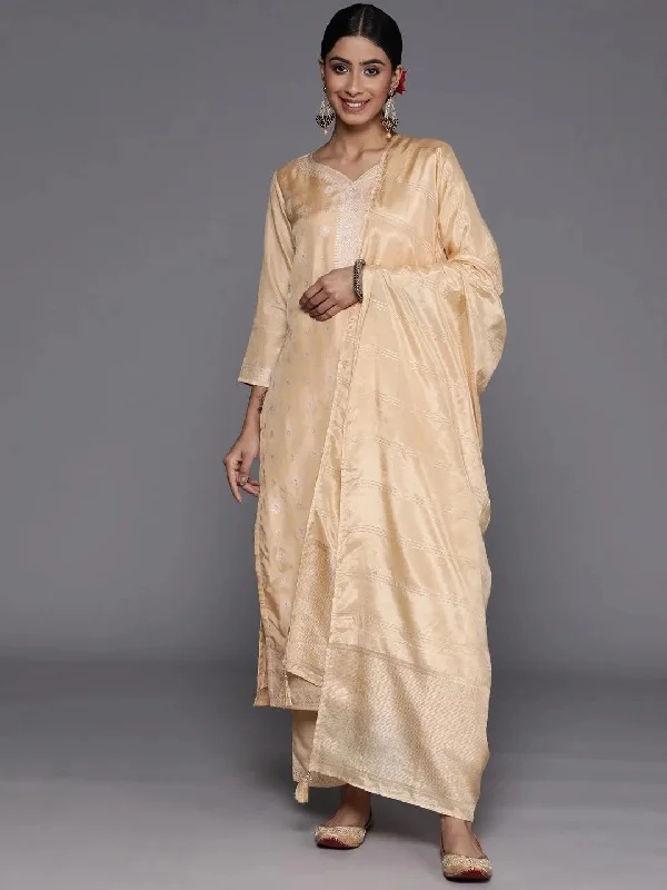 Beige Self Design Silk Blend Straight Kurta With Trousers & Dupatta Trousers Bestseller Popular