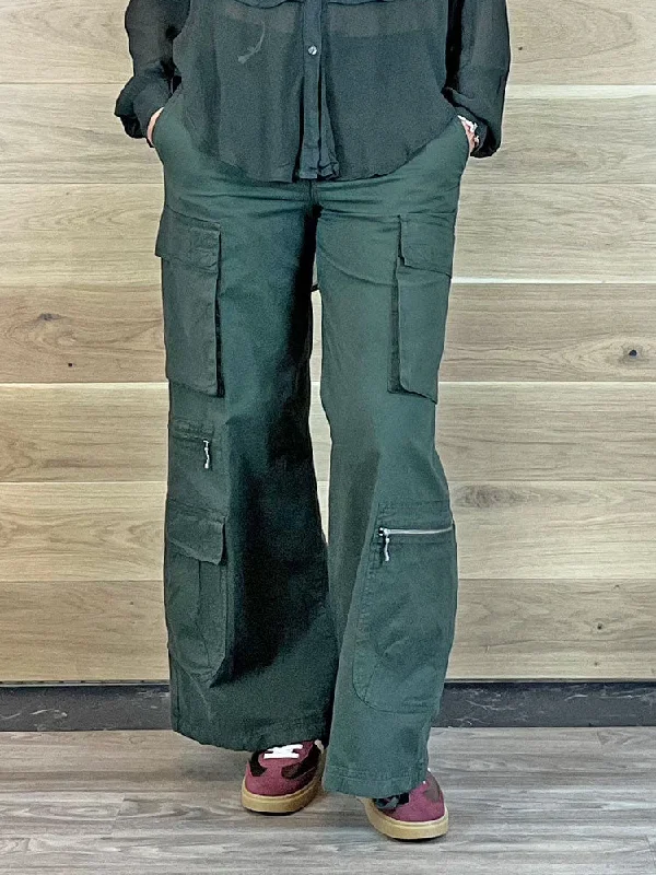 European Culture Wide Leg Cargo Trousers Green Trousers cozy comfortable