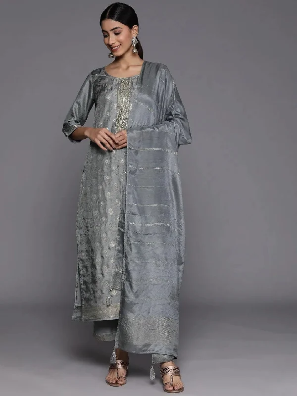 Grey Embroidered Silk Blend Straight Kurta With Trousers & Dupatta Trousers New Arrival