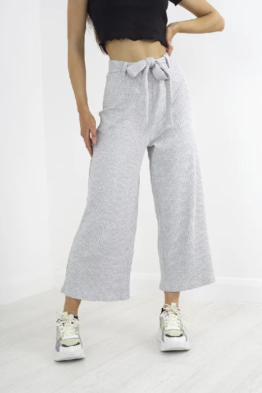 GREY MARL WIDE LEG ALL OVER RIB BELTED TROUSERS Trousers Corduroy Warm