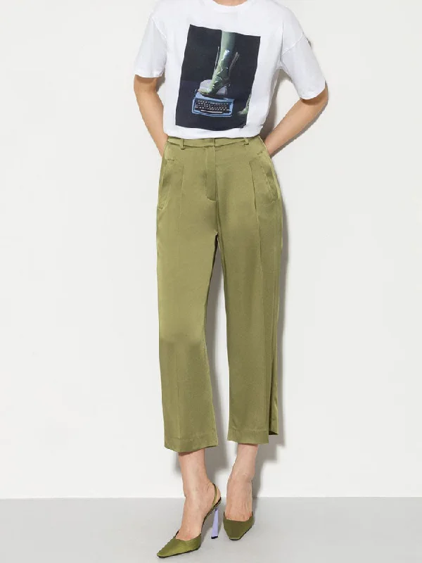 Luisa Cerano Satin Wide Leg Trousers Moss Green Trousers Versatile Stylish