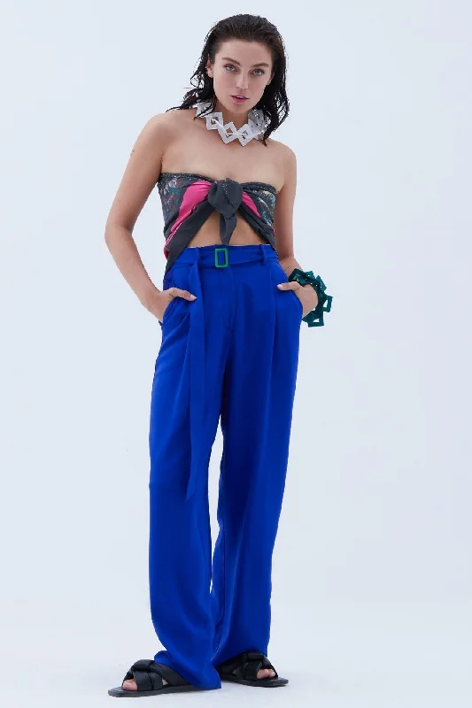 Pleated High-Waisted Wide Leg Trouser in Blue Trousers Lace Delicate