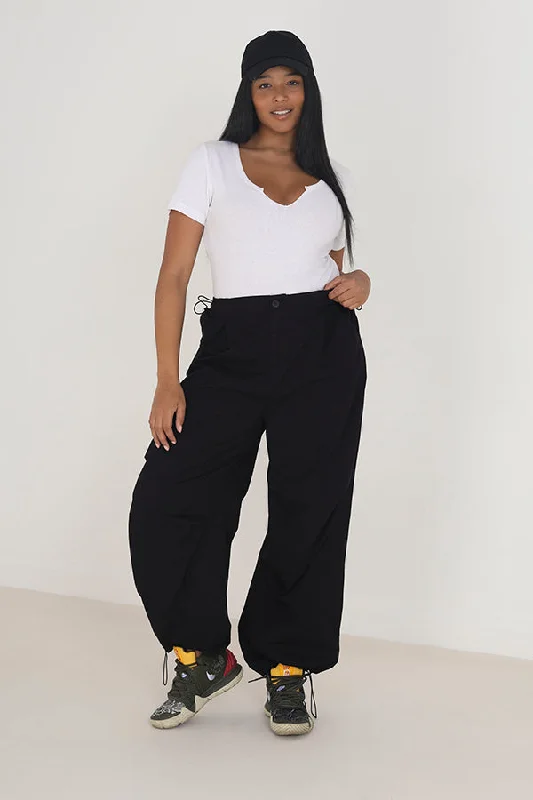 PLUS SIZE BLACK WIDE LEG UTILITY CARGO TROUSERS Trousers Lace Delicate