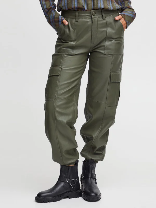 Pulz PzRobin Leather Cargo Trousers Khaki Trousers Summer Linen