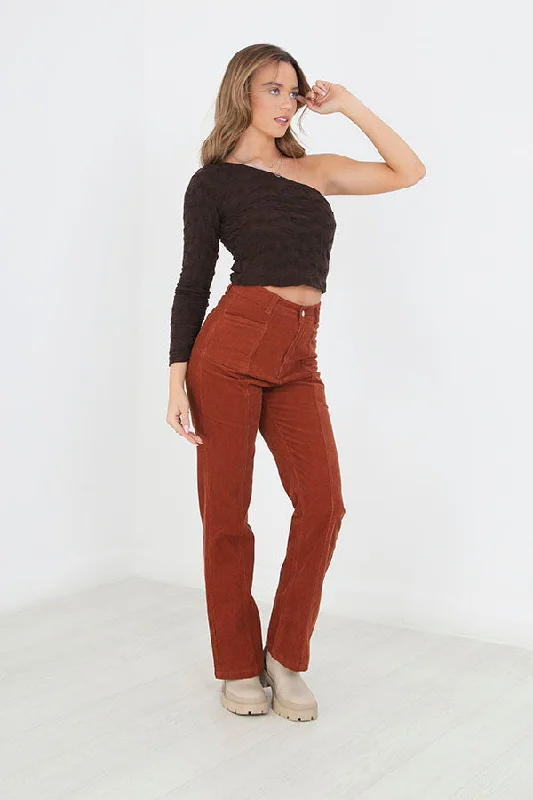 RUST BROWN HIGH WAISTED FLARED CORDUROY TROUSERS Trousers Hiking Durable