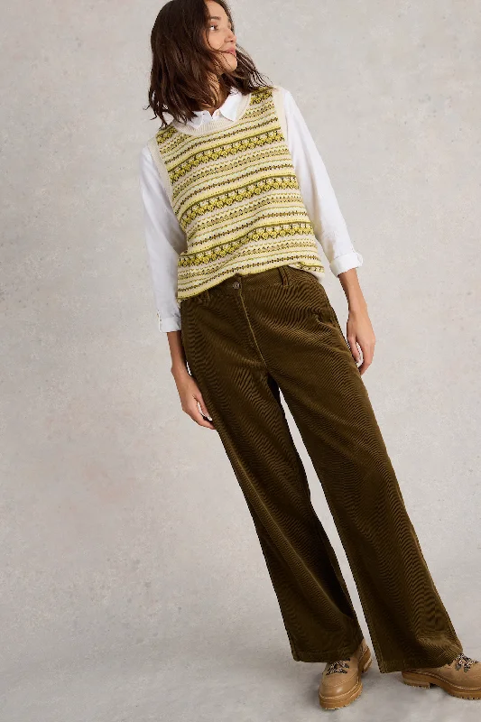 White Stuff Belle Cord Wide Leg Trousers in Khaki Green Trousers Exclusive Limited