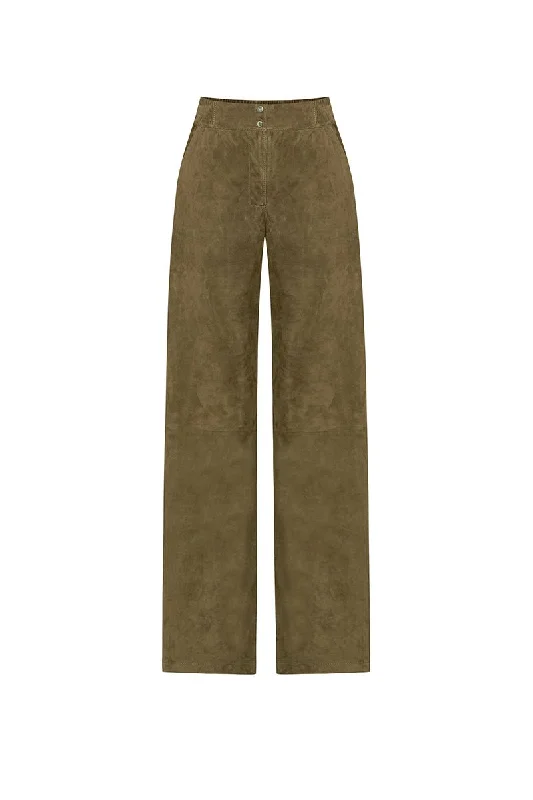 Ava Women's Wide-Leg Suede Leather Trousers - Khaki Trousers Ceremony Elegant