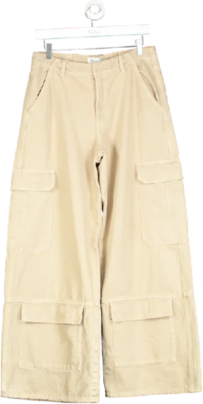 Zara Beige Wide-Leg Cargo Trousers UK 10 Trousers Culottes Wide Leg