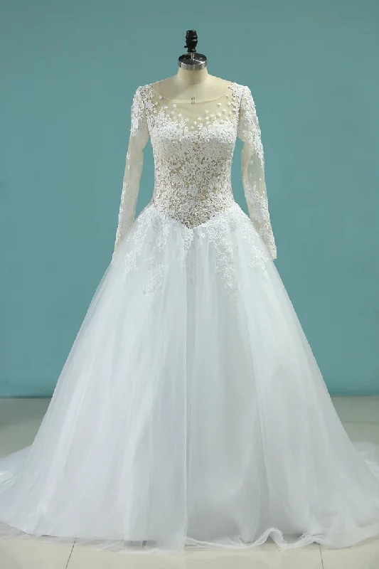 Scoop A-Line Wedding Dresses Court Train Tulle With Applique Long Sleeves Tunics Sophisticated sleek