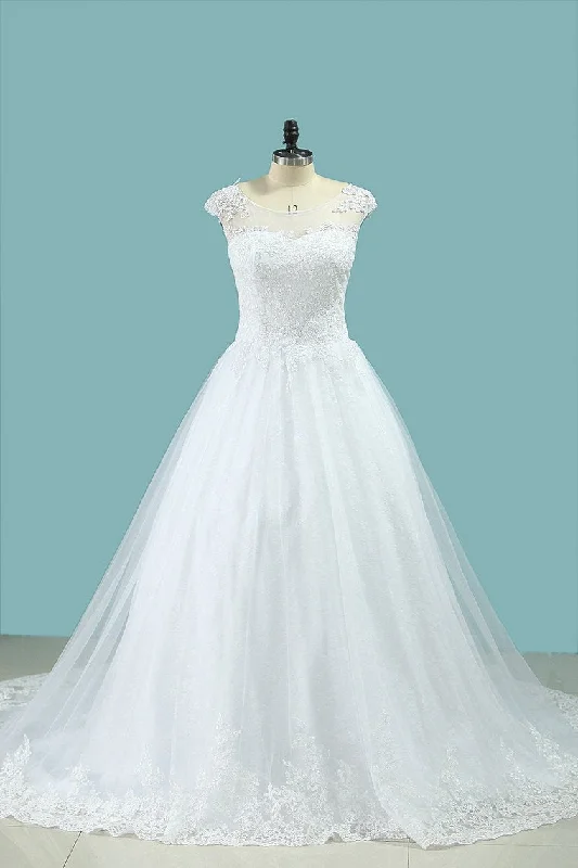 Scoop A Line Wedding Dresses Tulle With Applique Cathedral Train Tunics Sophisticated sleek