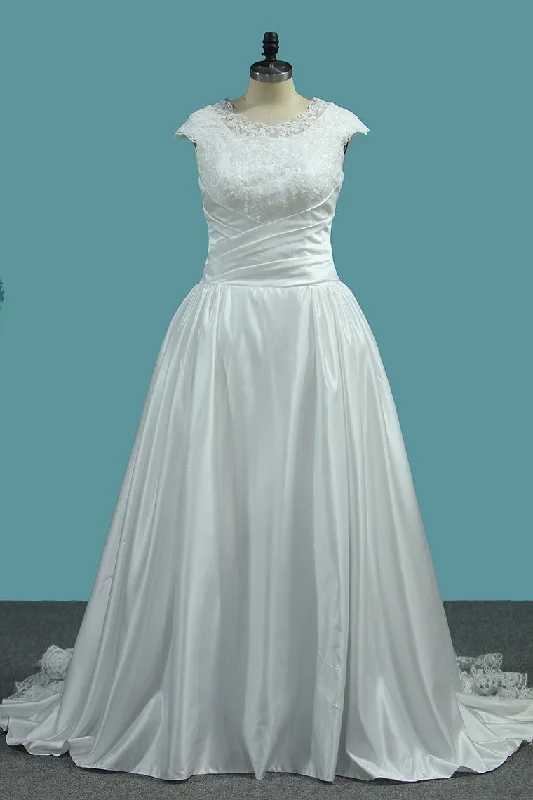 Scoop Cap Sleeve Wedding Dresses A Line Satin With Ruffles And Applique Sweep Train Shift Classic Vintage