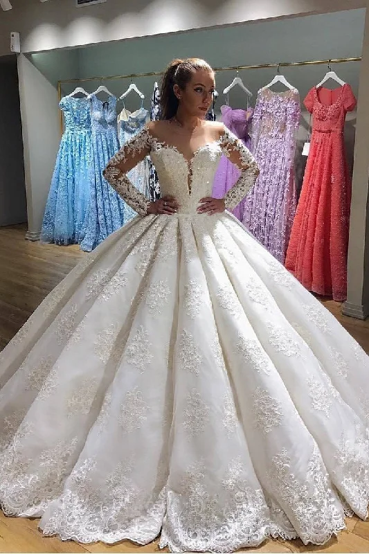 Scoop Long Sleeves Ball Gown Wedding Dresses Tulle With Applique Sweep Train Tunics stripes playful