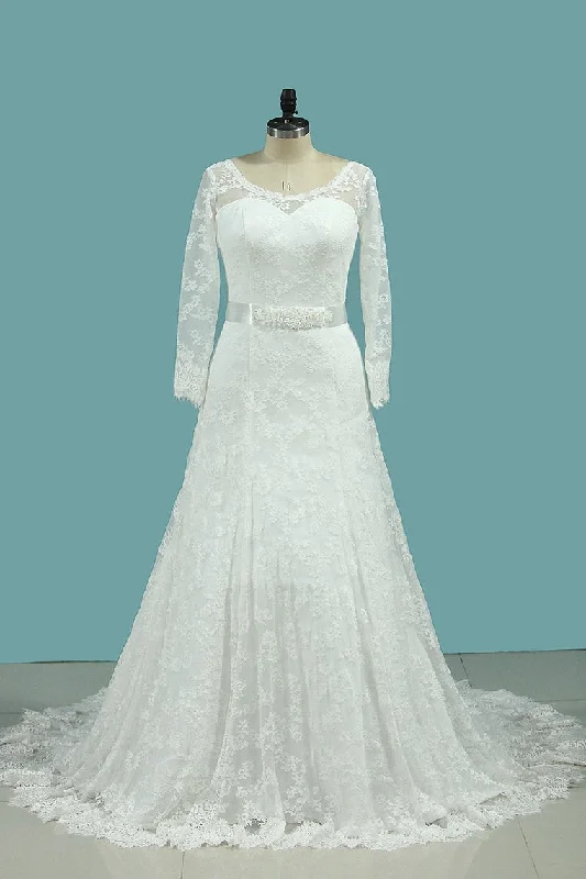 Scoop Long Sleeves Lace Wedding Dresses With Applique And Sash Court Train Tunics Satin smooth