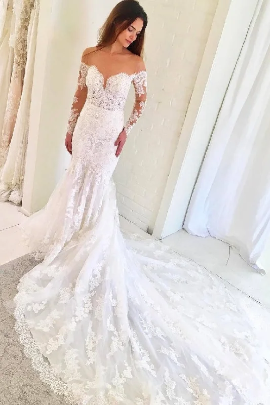 Scoop Long Sleeves Mermaid Wedding Dresses Tulle With Applique Chapel Train Tunics Leisure comfortable