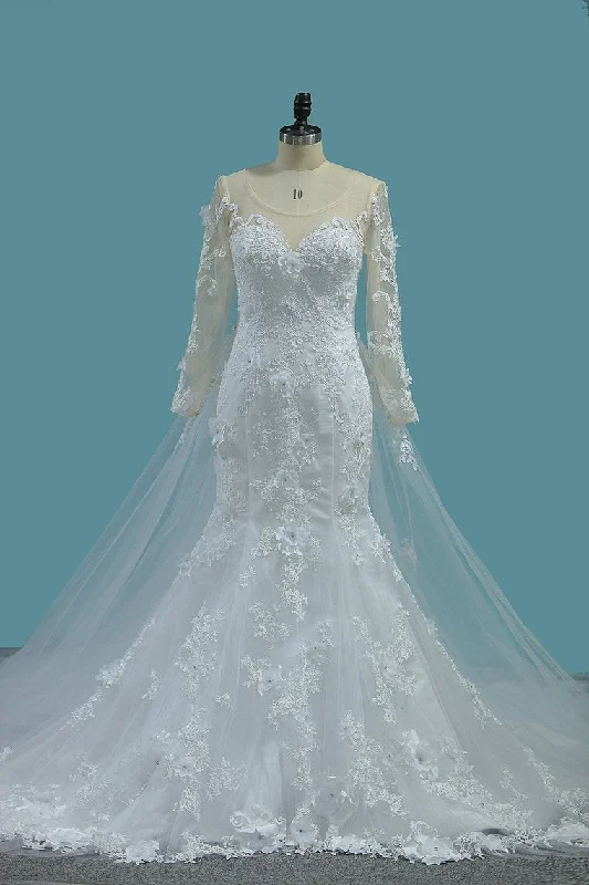 Scoop Long Sleeves Mermaid Wedding Dresses With Applique Tulle Chapel Train Detachable Tunics Running lightweight