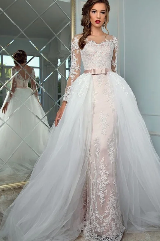 Scoop Long Sleeves Sheath Wedding Dresses Tulle With Applique Chapel Train Detachable Tunics Office stylish