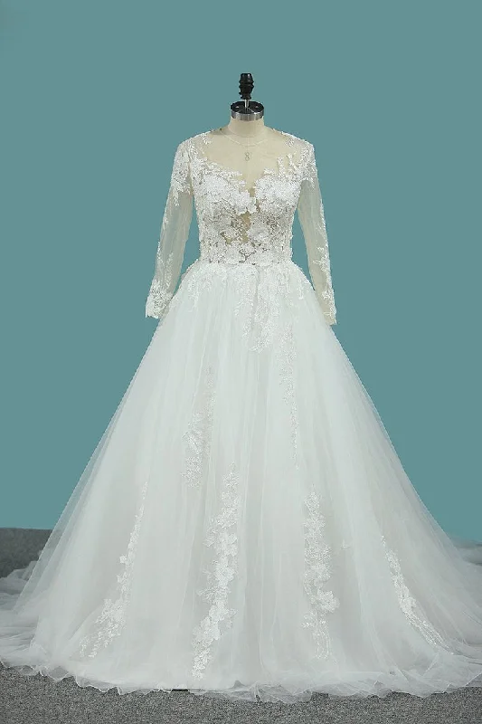 Scoop Long Sleeves Tulle Wedding Dresses With Applique Chapel Train Tunics Occasion special