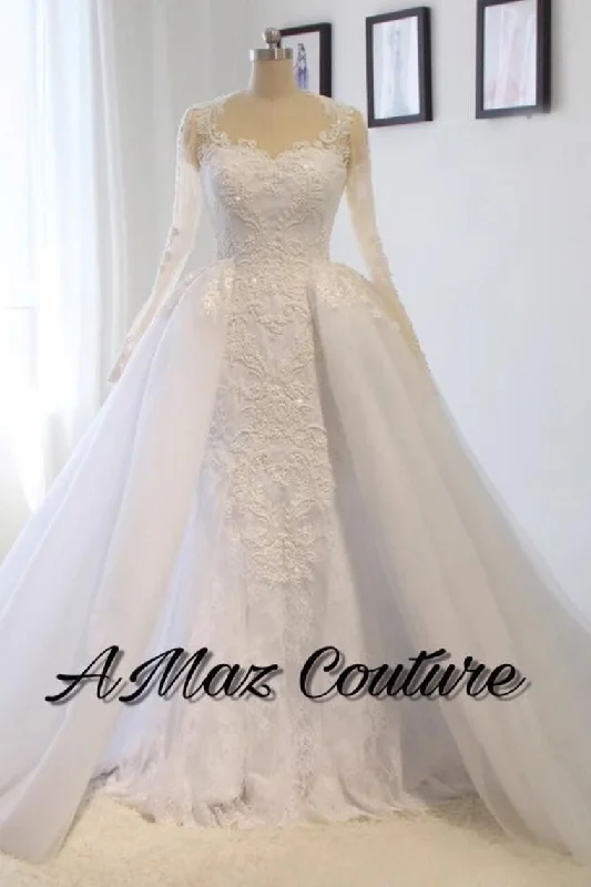 Scoop Long Sleeves Wedding Dresses Mermaid Tulle With Beading Court Train Detachable Tunics Bestseller popular