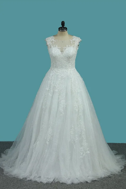 Scoop Tulle & Lace A Line With Applique Sweep Train Wedding Dresses Tunics Essential wardrobe