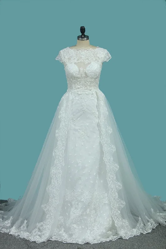 Scoop Tulle Mermaid Wedding Dresses With Applique Royal Train Detachable Tunics Chic elegant