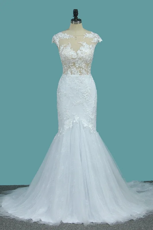 Scoop Tulle Mermaid Wedding Dresses With Applique Sweep Train Open Back Tunics Luxurious high-end